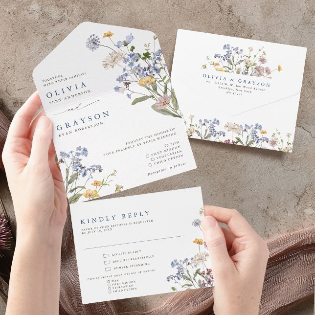 Invitación Todo En Uno Boda de jardín de flores silvestres de primavera c (Colorful Spring Wildflower Meadow Garden Wedding All In One Invitation)