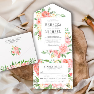 Invitación Todo En Uno Boda de Jardín de Rosas Florales Rosa Claro