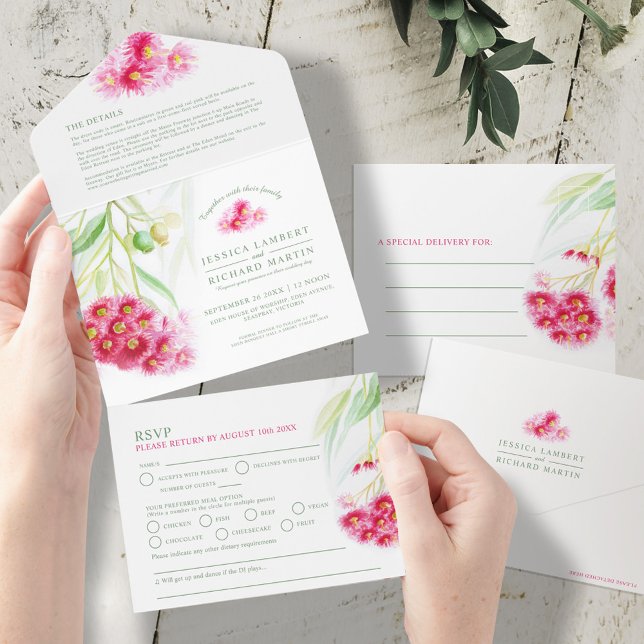Invitación Todo En Uno Boda de la acuarela de guantera verde rojo eucalip (Subido por el creador)