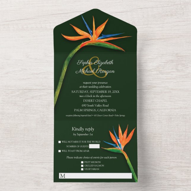 Invitación Todo En Uno Boda de la acuarela de pájaro (Interior)