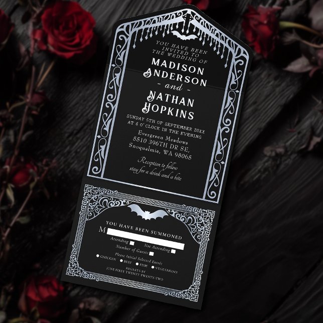 Invitación Todo En Uno Boda de la Catedral de Vampiros Góticos de Plata (Subido por el creador)