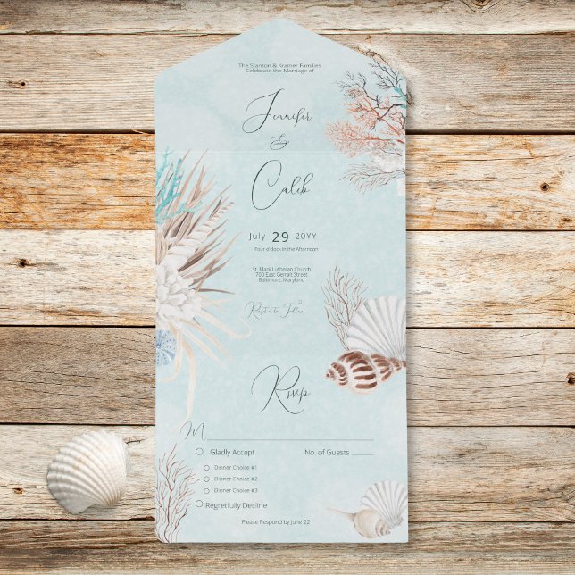 Invitación Todo En Uno Boda de la cena de Aqua Ocean Shells (Modern Aqua Ocean Shells Dinner Wedding All In One Invitation)