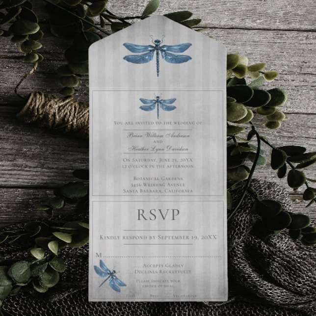 Invitación Todo En Uno Boda de la libélula con manchas azules (Blue Jeweled Dragonfly Wedding All in One Invitation)