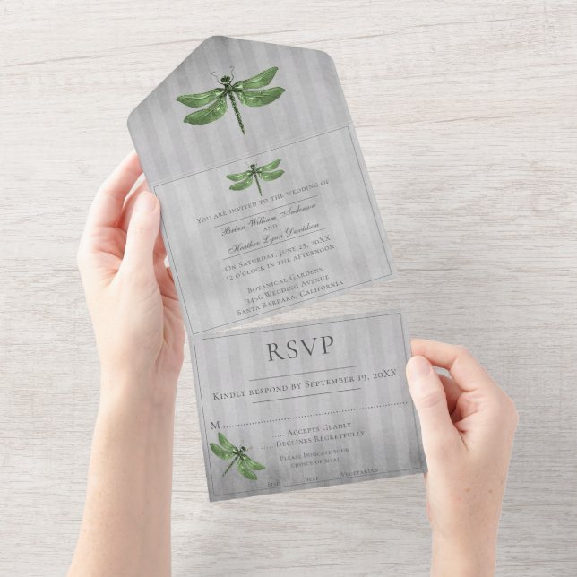 Invitación Todo En Uno Boda de la libélula jewada verde (desgarro)