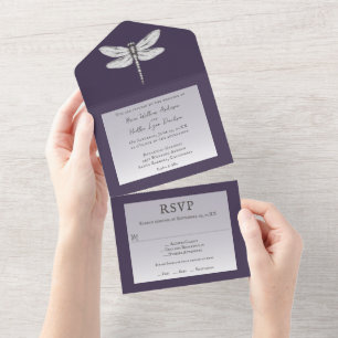 Invitación Todo En Uno Boda de la libélula morada oscura