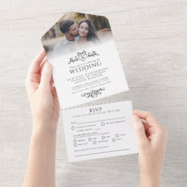 Invitación Todo En Uno Boda de la línea de la hoja de arte monograma card