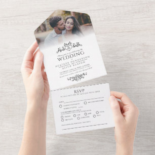 Invitación Todo En Uno Boda de la línea de la hoja de arte monograma card