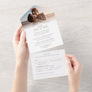 Invitación Todo En Uno Boda de la línea de la hoja de arte monograma del 