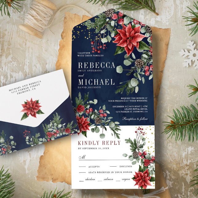 Invitación Todo En Uno Boda de la Marina de Navidades florales de Poinset (Subido por el creador)