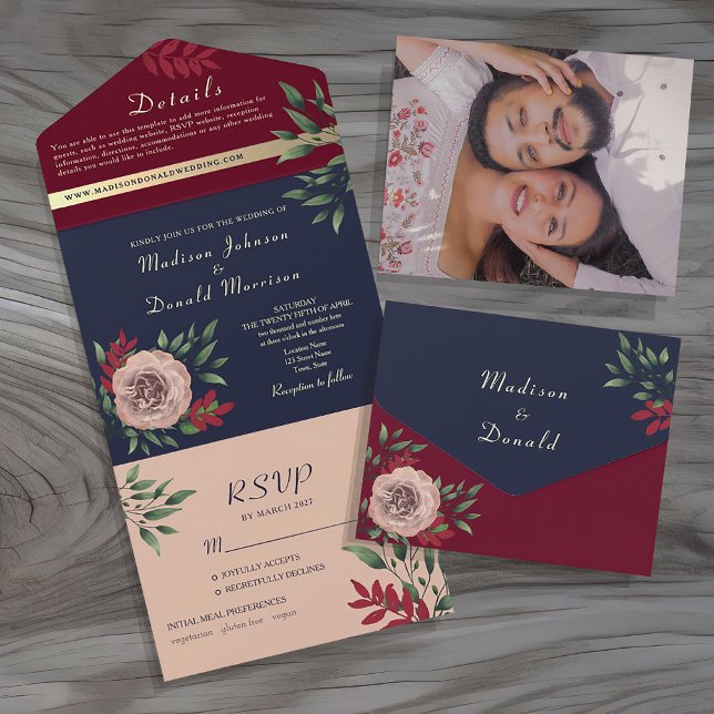 Invitación Todo En Uno Boda de la Marina Rusa de Borgoña (Subido por el creador)