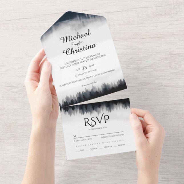 Invitación Todo En Uno Boda de la naturaleza del bosque de abeto de niebl (desgarro)