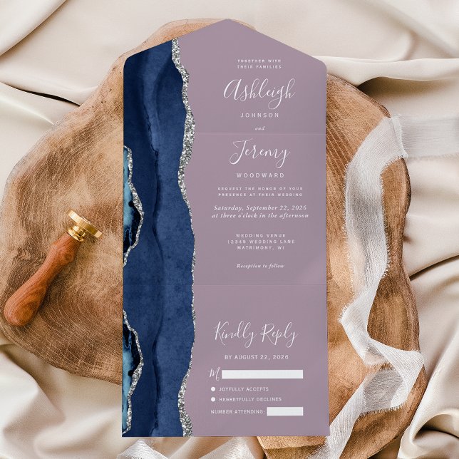 Invitación Todo En Uno Boda de la Navy Blue Silver Agate Mauve (Subido por el creador)