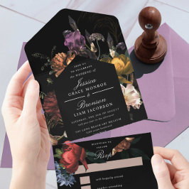 Invitación Todo En Uno Boda de la pintura holandesa romántica floral oscu