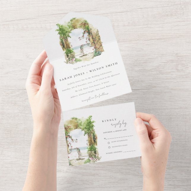 Invitación Todo En Uno Boda de la playa de arena del Arco Botánico Coster (desgarro)