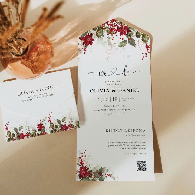 Invitación Todo En Uno Boda de la Poinsettia Roja navidades (Subido por el creador)