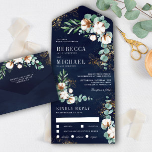 Invitación Todo En Uno Boda de la rama de oro azul de algodón azul de la 