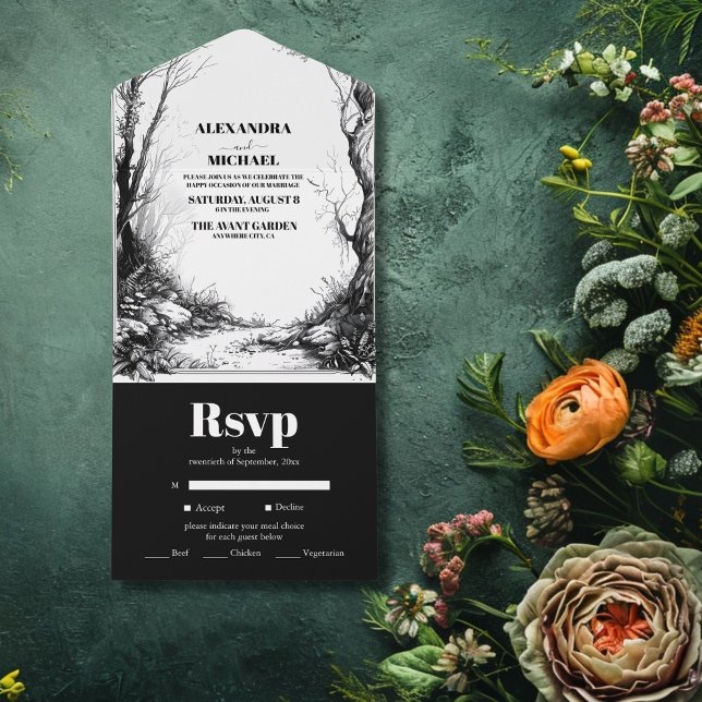 Invitación Todo En Uno Boda de la Selva de Montaña Blanca Negra (Subido por el creador)