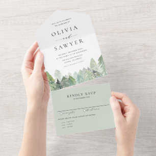 Invitación Todo En Uno Boda de la Selva Evergreen de color de agua con ni