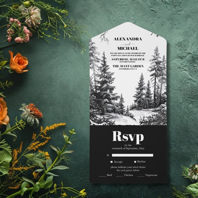 Invitación Todo En Uno Boda de la Selva Montaña Rustica Blanca Negra (Subido por el creador)