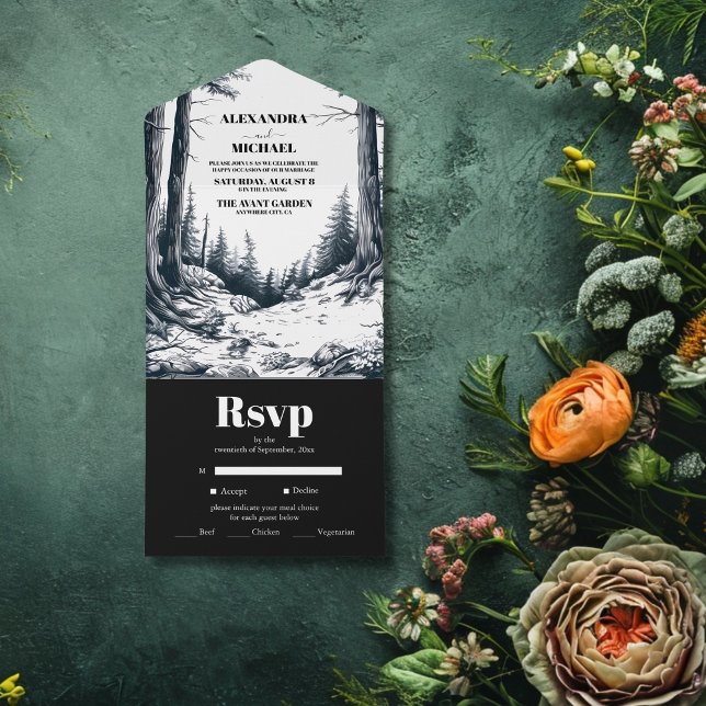 Invitación Todo En Uno Boda de la Selva Montañosa de Boho Blanco Negro (Subido por el creador)
