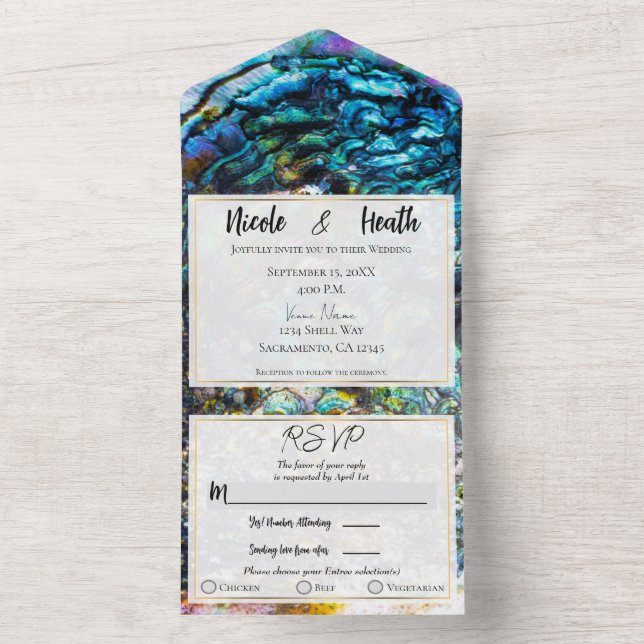 Invitación Todo En Uno Boda de la Shell Abalone irlandés Rainbow (Interior)