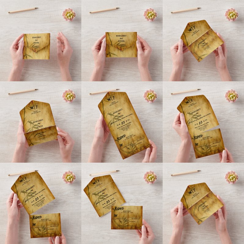 Invitación Todo En Uno Boda de la Vintage Arte de caligrafía de bambú jap