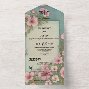 Invitación Todo En Uno Boda de la Vintage Flores Rosa Watercolor Art