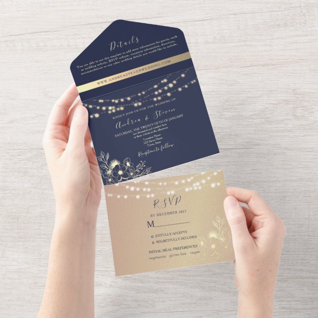 Invitación Todo En Uno Boda de las luces de la cadena Navy Blue Gold (desgarro)