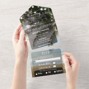 Invitación Todo En Uno Boda de las Luces de Palm Tree Beach Tropical Isla