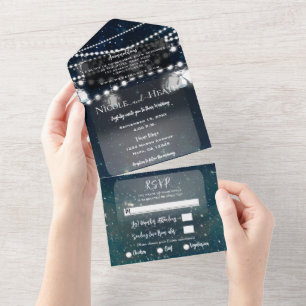 Invitación Todo En Uno Boda de las luces rusticas de Sky Mason Jar