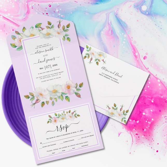 Invitación Todo En Uno Boda de lavanda floral rosa silvestre blanco y rub (Subido por el creador)