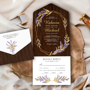Invitación Todo En Uno Boda de Leaves de Oro y Madera Floral de Lavender