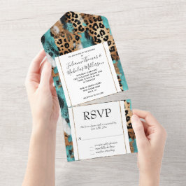 Invitación Todo En Uno Boda de Leopardo Negro de Oro Turquesa