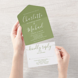 Invitación Todo En Uno Boda de letra script elegante moderna verde musgo