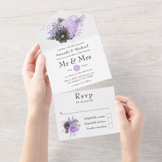 Invitación Todo En Uno Boda de Lilac y Carbón (desgarro)