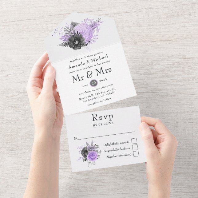 Invitación Todo En Uno Boda de Lilac y Carbón (desgarro)