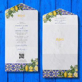 Invitación Todo En Uno Boda de limón azul blanco amarillo mediterráneo