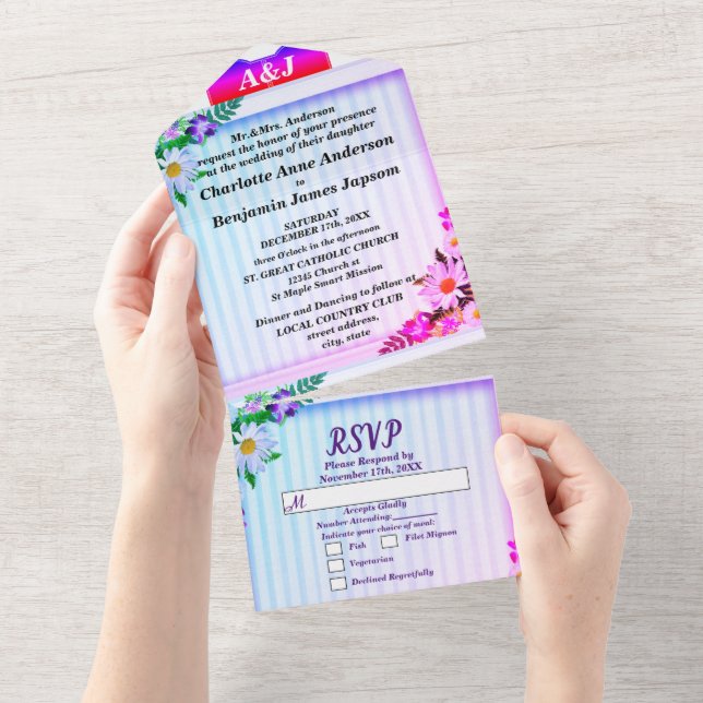 Invitación Todo En Uno Boda de líneas de degradado elegantes (desgarro)