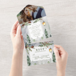 Invitación Todo En Uno Boda de Linterna Botánica de Árboles de Pino de In