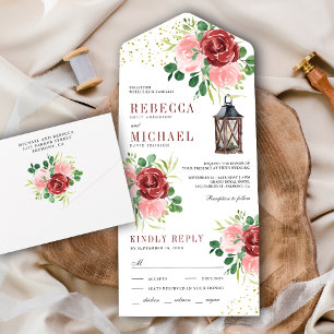 Invitación Todo En Uno Boda de Linterna Floral Rosa y Borgoña