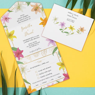 Invitación Todo En Uno Boda de Lirio Tropical Blanco y Oro