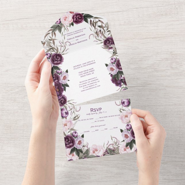 Invitación Todo En Uno Boda de los peoneses rosados de ciruela morada | (desgarro)