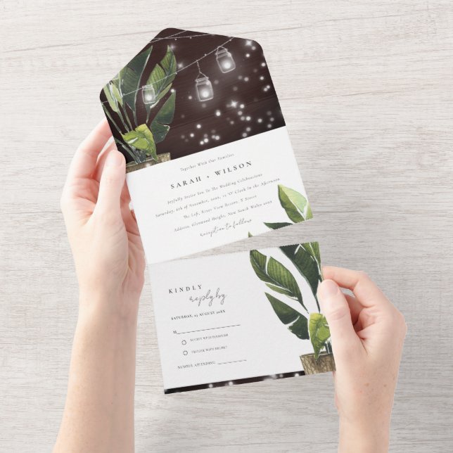 INVITACIÓN TODO EN UNO BODA DE LUCES DE CADENA FOLIAGE DE PALMA TROPICAL (desgarro)