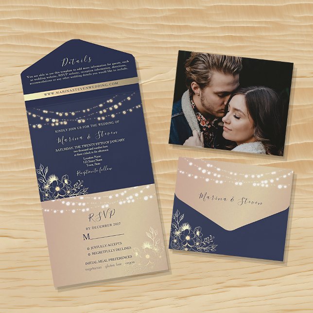 Invitación Todo En Uno Boda de luces de cadena Navy y Rubor (Subido por el creador)