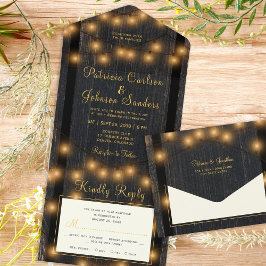 Invitación Todo En Uno Boda de luces de cuerda de madera rústica