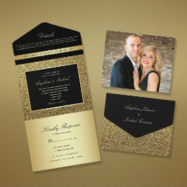 Invitación Todo En Uno Boda de Lujo con Brillo Negro y Dorado