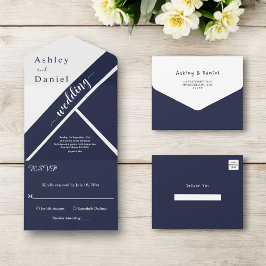 Invitación Todo En Uno Boda De Lujo Elegante De Color Blanco Azul De La M