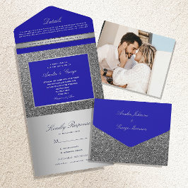Invitación Todo En Uno Boda de Lujo Plateada y Azul Real