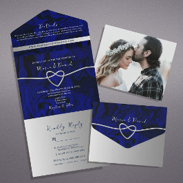 Invitación Todo En Uno Boda de Lujo Plateada y Azul Real