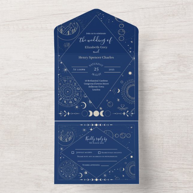 Invitación Todo En Uno Boda de luna sol estrellas constelaciones (Interior)
